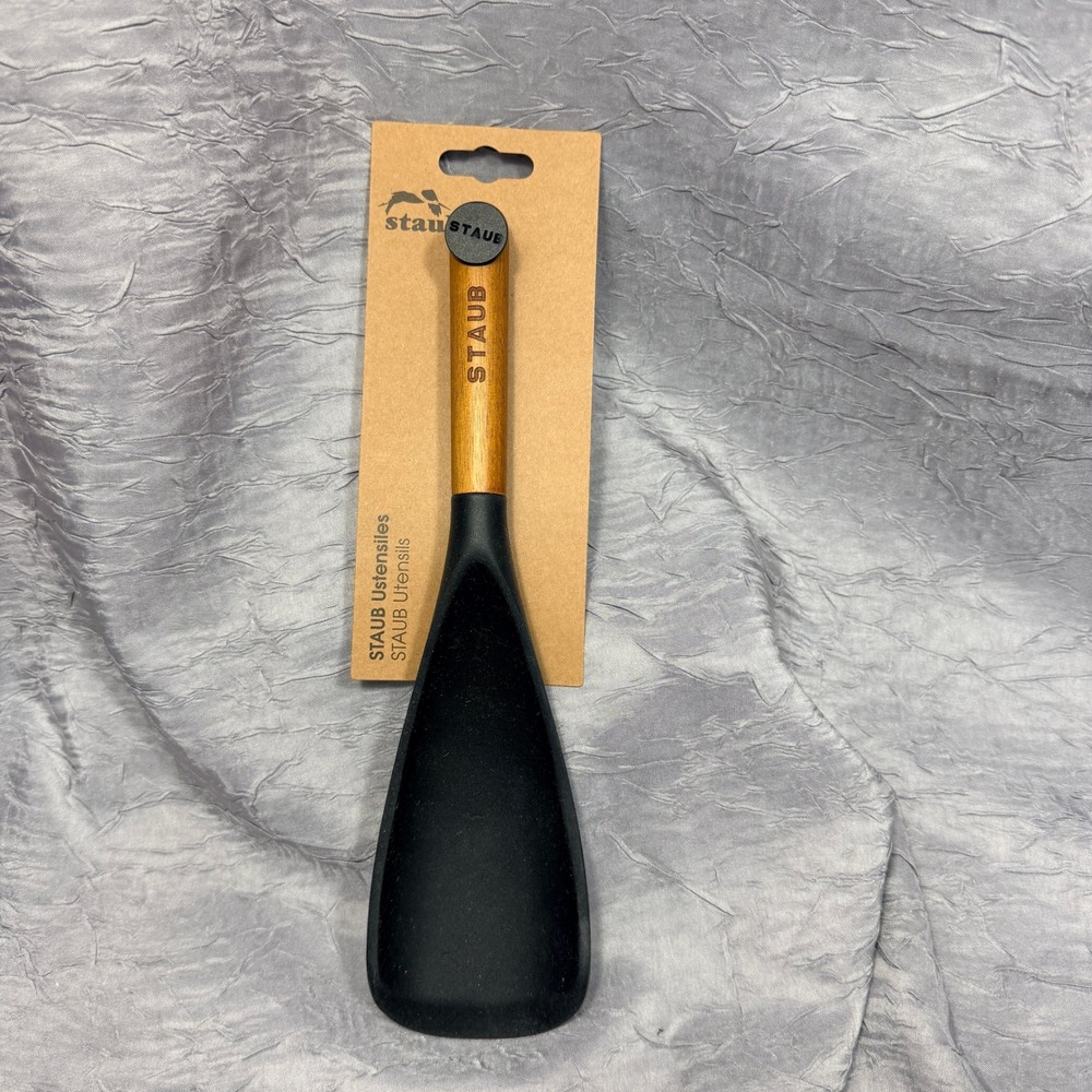 Staub Silicone Serving Spoon Black Acacia Wood Handle Heat Resistant New